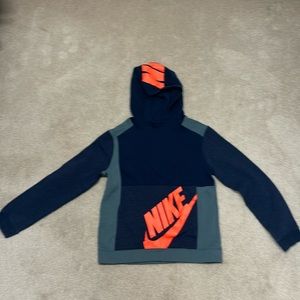 Nike Kids Navy Blue and Gray Hoodie with Orange Logo